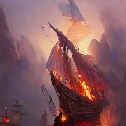 Prompt: pirate ship on fire d & d fantasy intricate elegant highly detailed digital painting artstation concept art matte sharp focus illustration hearthstone art by artgerm art by greg rutkowski art by alphonse mucha