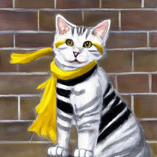 Image similar to oil painting extreme wide shot of a white and grey tabby cat wearing a black yellow striped hufflepuff scarf, in the gloucester cathedral cloisters, digital painting, high detail, award - winning, playful