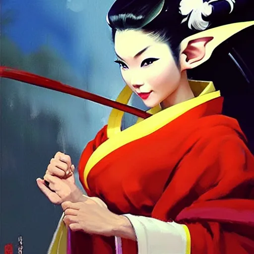 Image similar to Greg Manchess portrait painting of elf geisha in japanese robes as Overwatch character, wacky, medium shot, asymmetrical, profile picture, Organic Painting, sunny day, Matte Painting, bold shapes, hard edges, street art, trending on artstation, by Huang Guangjian and Gil Elvgren and Sachin Teng