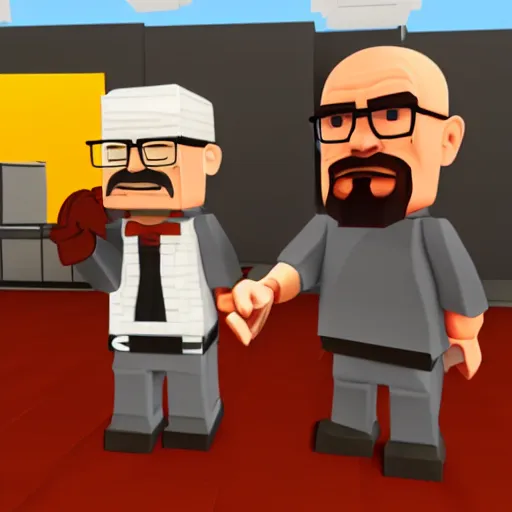 Image similar to walter white in roblox game work at a pizza place