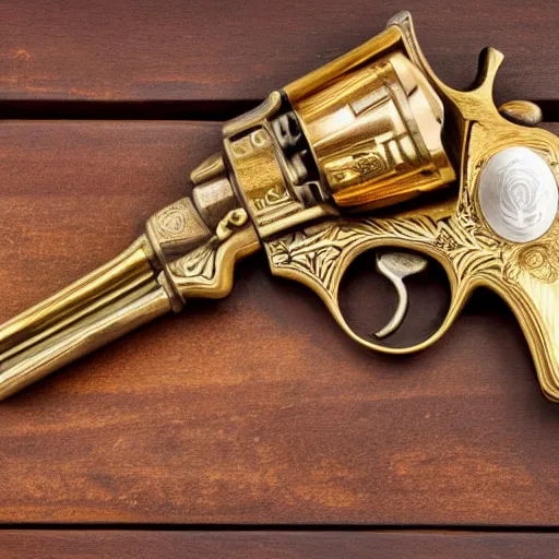 Prompt: golden revolver with engravings laying on a wooden table, high detail, complex