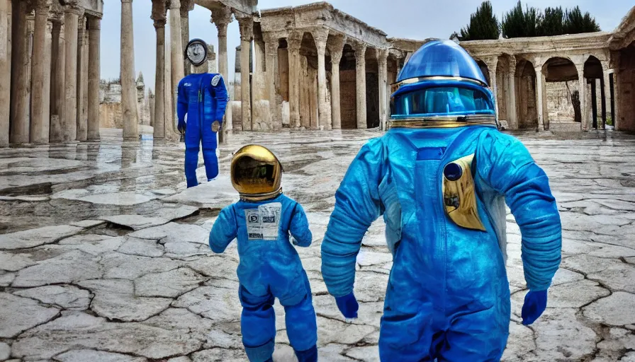 Image similar to a lush pamukkale high - tech city landscape with gold beautiful temples and royal blue mage wearing a space suit wondering around the luxurious street