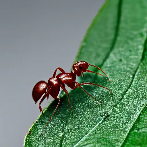 Prompt: cyberpunk ant on a green leaf, macro photography, 8 k, moody lighting, shallow depth of field,