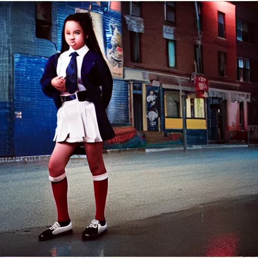 Image similar to night flash portrait photography of a high school girl in catholic school uniform on the lower east side by annie leibovitz, colorful, nighttime!, raining!