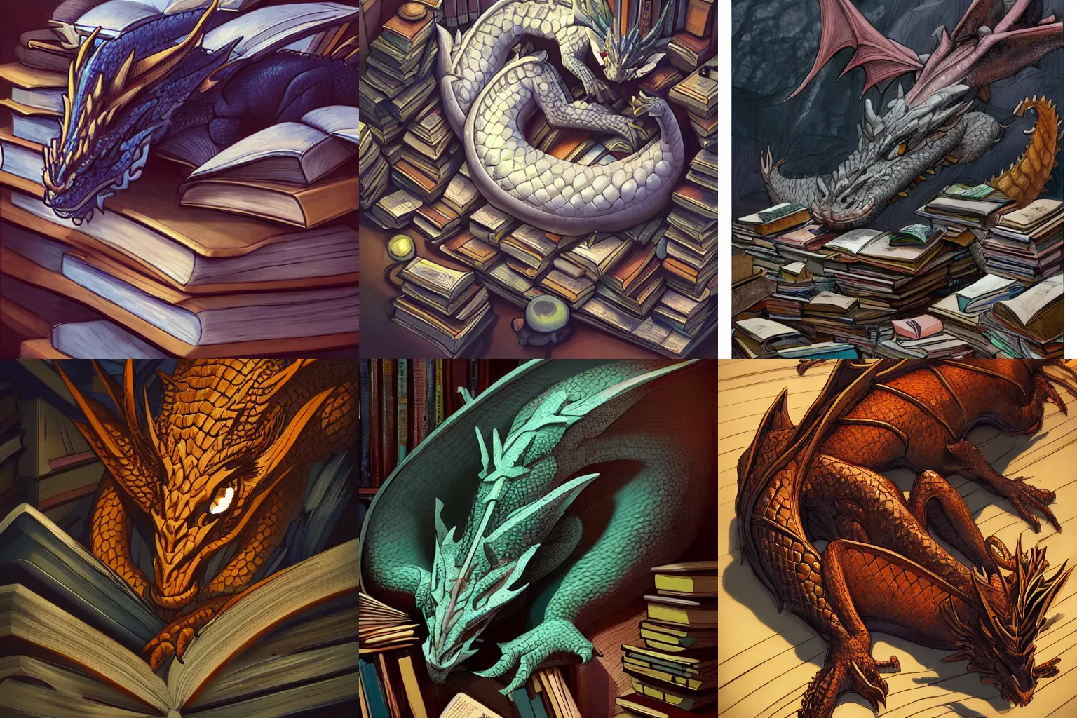 A huge dragon sleeping on a hoard of books, by Frank, Stable Diffusion