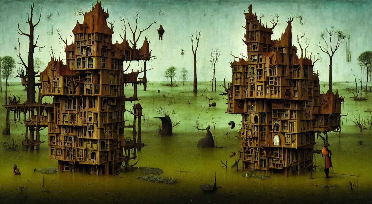 Image similar to single flooded simple fungus wooden tower, very coherent and colorful high contrast ultradetailed photorealistic masterpiece by franz sedlacek hieronymus bosch dean ellis simon stalenhag rene magritte gediminas pranckevicius, dark shadows, sunny day, hard lighting