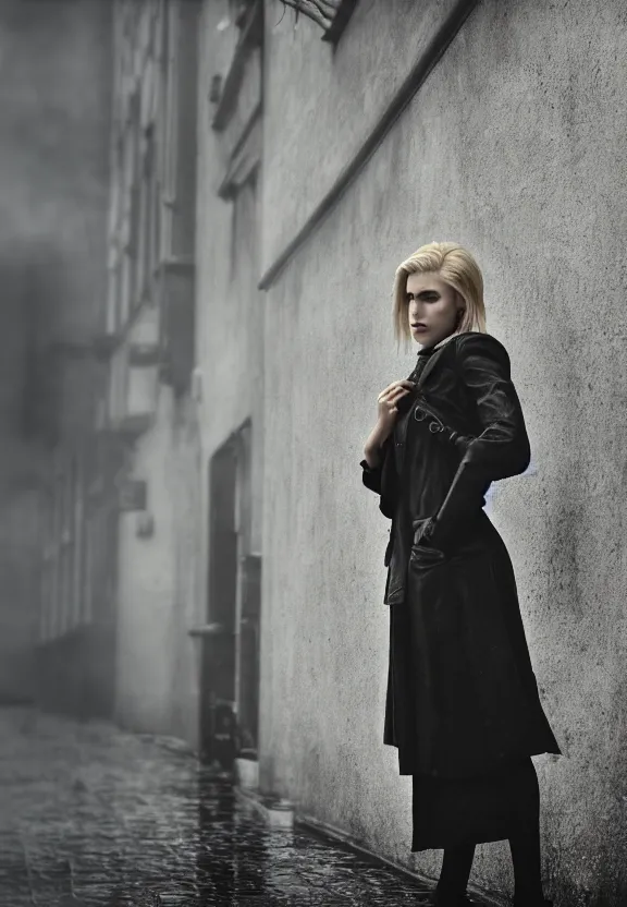 Image similar to cute model annie leonhart posing in dunwall city, beautiful face, detailed face, realistic eyes, cinematic lighting, rainy weather, melancholy atmosphere, volumetric light, gothic architecture, realistic reflections, model agency, instagram photo, depression atmosphere, shot on sony a 7, beauty filter, postprocessing