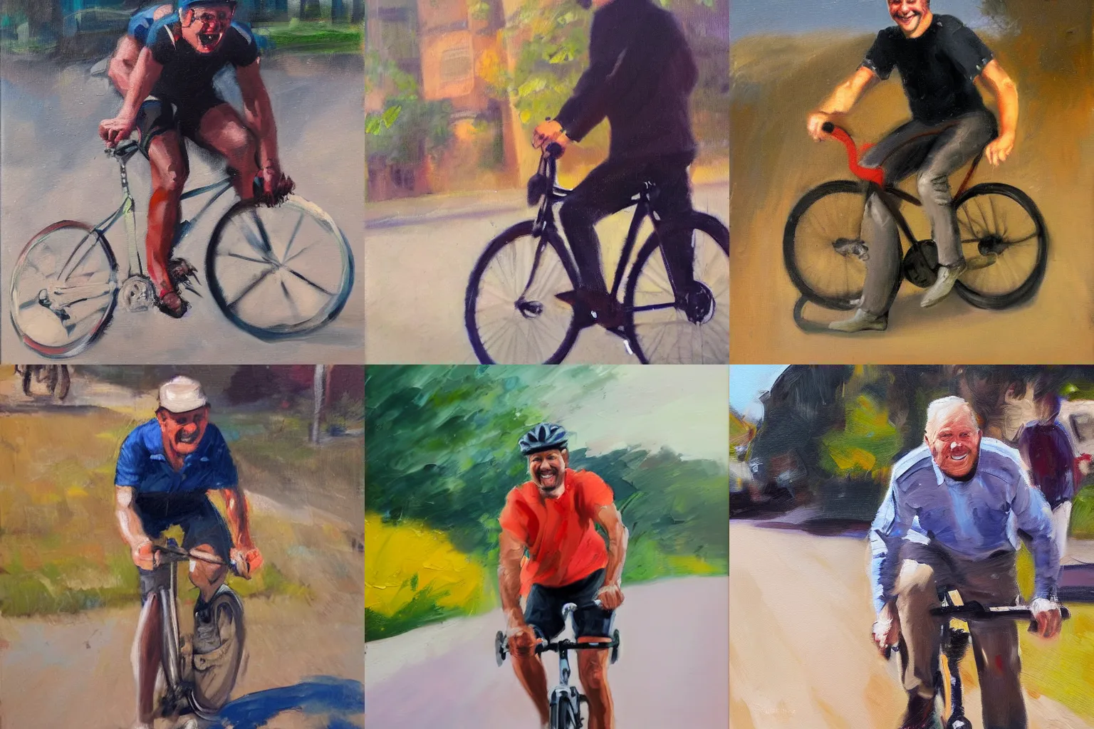 Prompt: A man riding a bicycle action shot, subject is smiling, expressive oil painting
