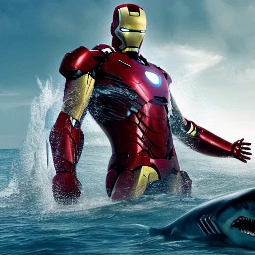 Prompt: film still of iron man as a shark in the movie jaws, photography, trailer, 4 k