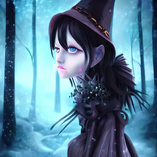 Prompt: portrait of beautiful darkness witch 3D anime girl, dark forest background, snowing, inspired by Tim Burton, digital painting, unreal engine render, volumetric light, high détail