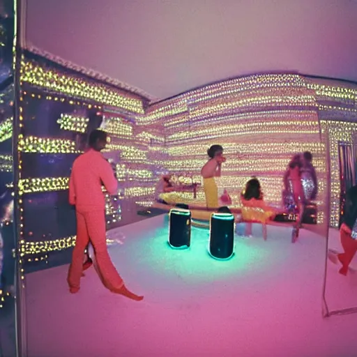 Image similar to first-person perspective view of people wearing shiny skiwear having a party inside of a 1970s luxury bungalow with infinity mirror on wall, at dusk, ektachrome photograph, f8 aperture