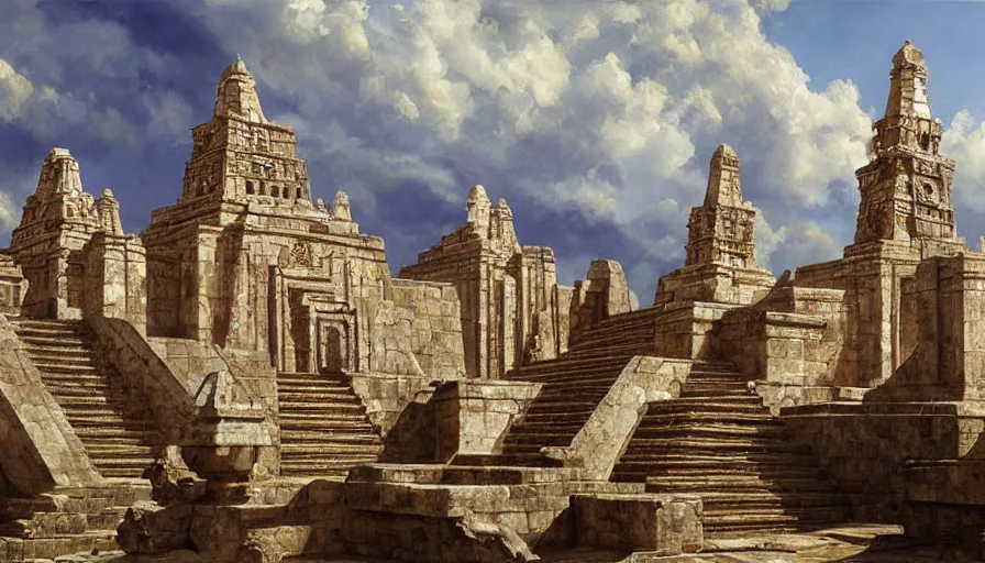 Prompt: excellent painted Aztec temples somewhere in Mexico with fluffy clouds, painted by Hans Fredrik Gude, Greg Rutkowksi, Craig Mullins and Artgerm, masterpiece, 4k, ultra realistic highly detailed oil painting