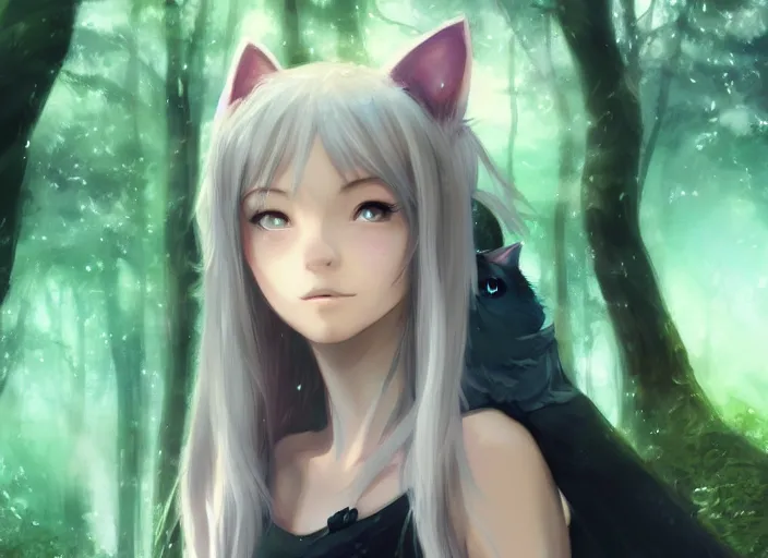 Prompt: female mage with cat ears in a forest, detailed attractive face, fantasy art, anime style, by charlie bowater, by makoto shinkai, by studio ghibli, atmospheric, digital art, 4 k film still, close up portrait