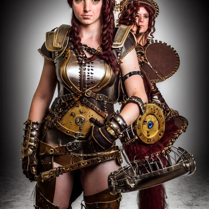 Prompt: full length portrait photograph of a real-life beautiful woman steampunk roman centurion. Extremely detailed. 8k