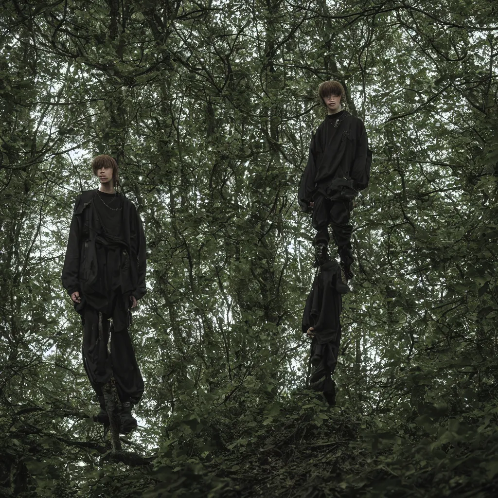 Image similar to cinematic still of bladee in dark forest, XF IQ4, f/1.4, ISO 200, 1/160s, 8K, RAW, dramatic lighting, symmetrical balance, in-frame