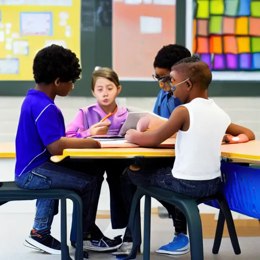 Image similar to four kids sitting around school table working on a digital tablet