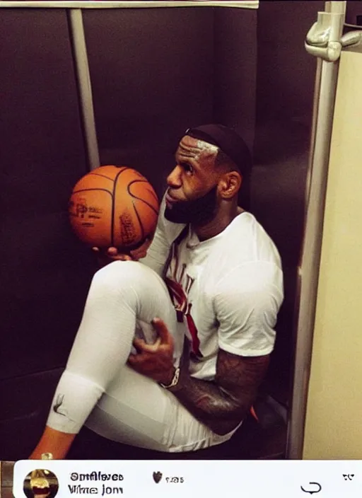 Prompt: instagram photo of lebron james stuck in a toilet, bad quality, shaky camera, funny