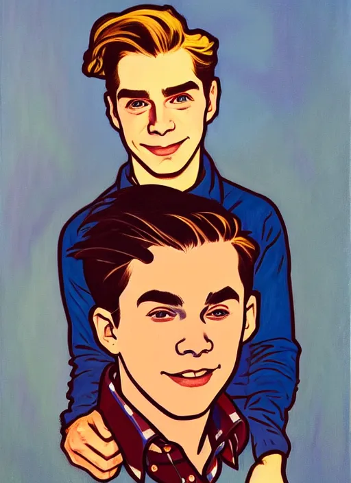 Image similar to oil portrait of archie andrews with a really small jughead jones sitting on his shoulder, archie andrews is a different person from jughead jones, intricate, elegant, highly detailed, lighting, painting, artstation, smooth, illustration, art by greg rutowski and alphonse mucha