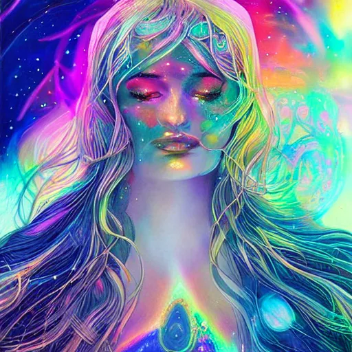 Image similar to a silk portrait of kim petras with her eyes closed, galaxy colored psychedelic chakra awakening kundalini ethereal vibes, transcending to a higher plane of existence, eternal blessing, multiverse, visionary art, by android jones, artstation, deviantart