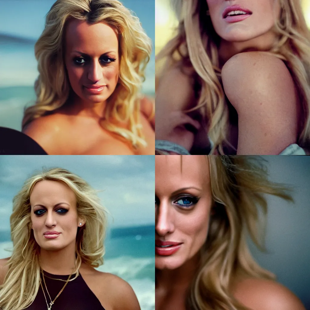 Prompt: A Hyper realistic and detailed portrait photography by Annie Leibovitz of Stormy Daniels. Agfa Vista 400 film. Detailed. Depth of field. lens flare. moody. cinematic. warm light. realistic. expired film.