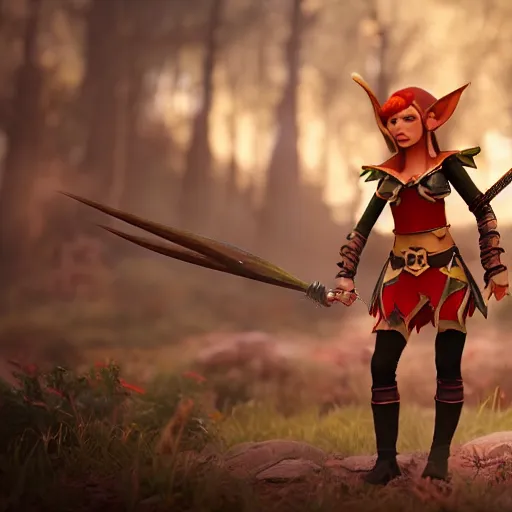 Image similar to beautiful redhead elf, warrior outfit, clash royal style characters, unreal engine 5, octane render, detailed, cinematografic, cinema 4 d