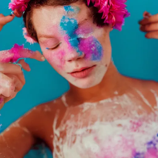 Image similar to guy, flower crown, milk bath photography, aerial view, close up, faded!, 9 0 s vibe, vaporwave colors,