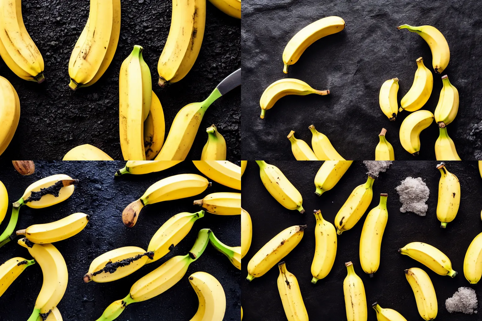 Prompt: bananas peeled juxtaposed with black tar and lava
