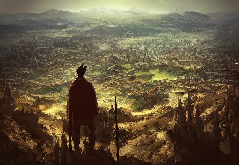 Prompt: “king, looking over his civilization from the top of the hill, digital art, award winning, 4k”