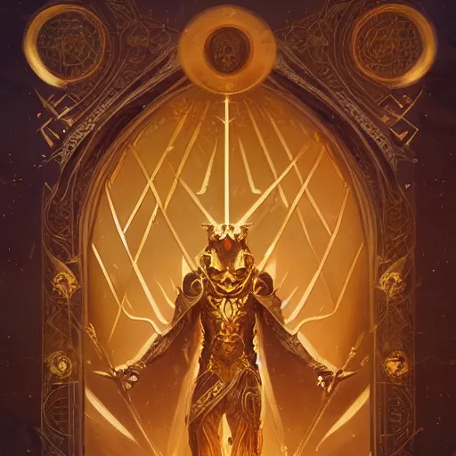 Image similar to a tarot card with symmetrically decorated edges in gold, fantasy art, in the style of greg rutkowski, illustration, epic, fantasy, cinematic, intricate, hyper detailed, artstation, concept art, smooth, sharp focus, ray tracing