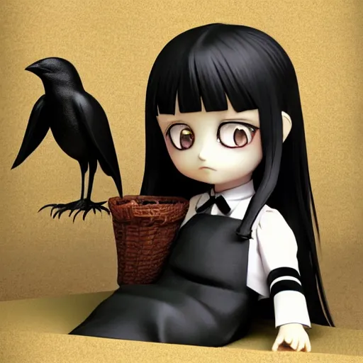 Image similar to Manga cover portrait of Wednesday Addams-chan anime girl sitting elegantly next to her pet crow in a noir Victorian setting, 3d render diorama by Hayao Miyazaki, official Studio Ghibli still, color graflex macro photograph, Pixiv, Daz Studio