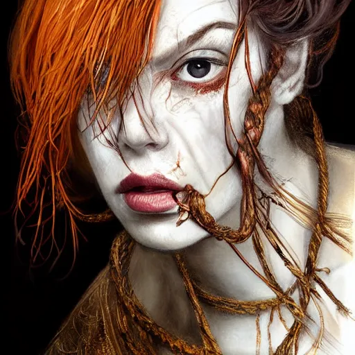 Image similar to portrait of a Shibari rope wrapped face and neck, headshot, insanely nice professional hair style, dramatic hair color, digital painting, of a old 13th century, traveler, amber jewels, baroque, ornate clothing, scifi, realistic, hyperdetailed, chiaroscuro, concept art, art by Franz Hals and Jon Foster and Ayami Kojima and Amano and Karol Bak,