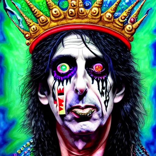 Image similar to An extremely psychedelic portrait of Alice Cooper wearing a crown, surreal, LSD, face, detailed, intricate, elegant, lithe, highly detailed, digital painting, artstation, concept art, smooth, sharp focus, illustration