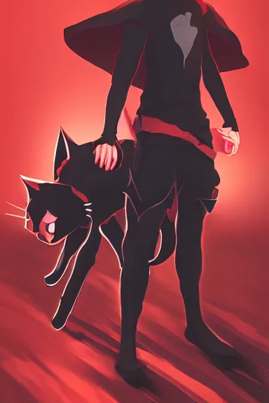 Image similar to little boy with cat ears in an black outfit with red cape. digital artwork made by lois van baarle and kentaro miura, sharpness focus, inspired by hirohiko araki, anatomically correct, heroic composition, hero pose, smooth, symmetrical