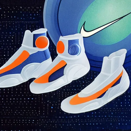 Prompt: retro futuristic Nike Space Hippie sneakers by syd mead, knitted mesh material, matte painting, geometric shapes