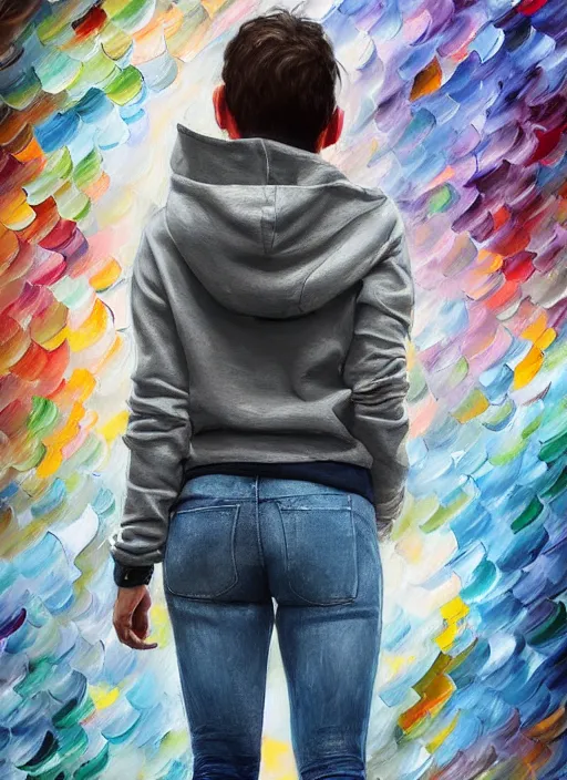 Prompt: jennifer anistan, gray hoodie, jeans, half body shot, path traced, highly detailed, high quality, digital painting, alena aenami, leonid afremov, lilia alvarado, shinji aramaki, karol bak, alphonse mucha, tom bagshaw