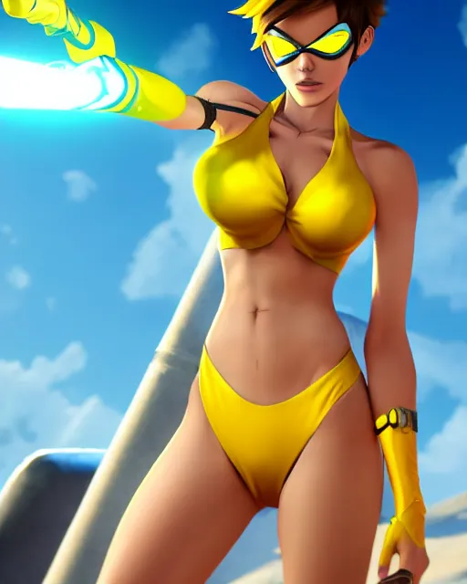 Image similar to tracer game character, in yellow bikini, blonde hair, black eyes, full height