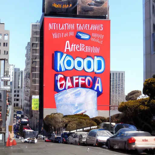 Image similar to bill board in san francisco advertising radioactive kool aid, artstation