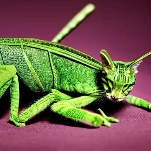 Prompt: a grasshopper - cat - hybrid. animal photography,