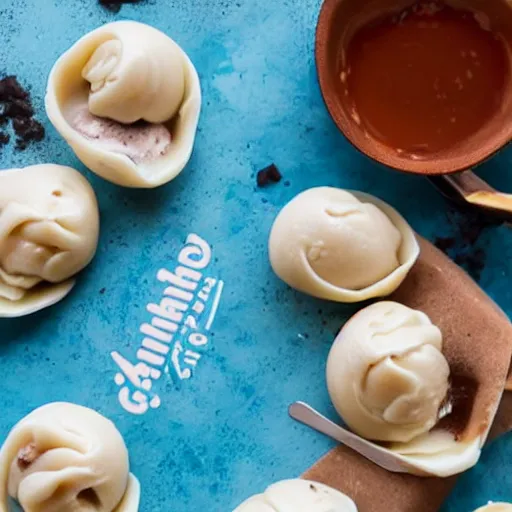 Image similar to ben and jerry's pelmeni flavoured ice cream, pelmeni written on the front