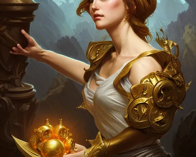 Image similar to golden goose, deep focus, d & d, fantasy, intricate, elegant, highly detailed, digital painting, artstation, concept art, matte, sharp focus, illustration, hearthstone, art by artgerm and greg rutkowski and alphonse mucha