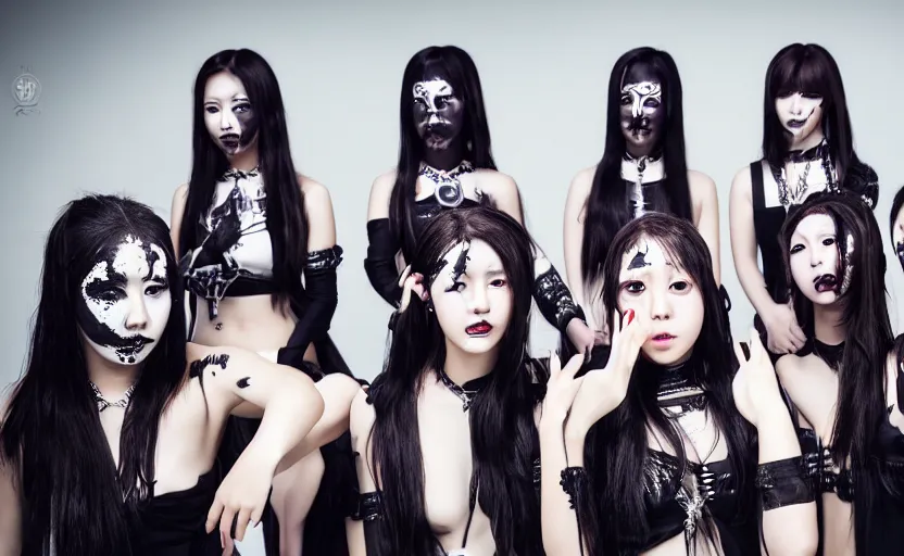 Prompt: album photoshoot of a k-pop girl group with a black metal concept, face paint, DSLR, studio lighting, ultra high quality