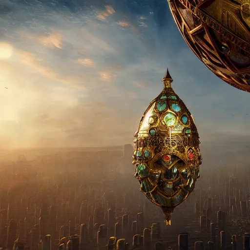 Image similar to enormous flying city in a faberge egg, sky, steampunk, fantasy art, unreal engine,