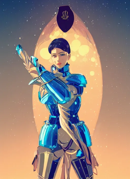 Image similar to a young woman in blue full plate armor in a dramatic pose. the armor glows, bursting with light from the decoration. clean cel shaded vector art. shutterstock. behance hd by lois van baarle, artgerm, helen huang, by makoto shinkai and ilya kuvshinov, rossdraws, illustration, art by ilya kuvshinov