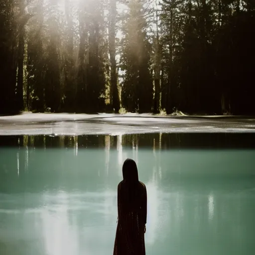 Image similar to a woman, standing in shallow endless water, backlit, backlit, photo by Marat Safin, Canon EOS R3, 35mm, f/1.4, ISO 200, 1/160s, 8K, RAW, unedited, symmetrical balance, in-frame