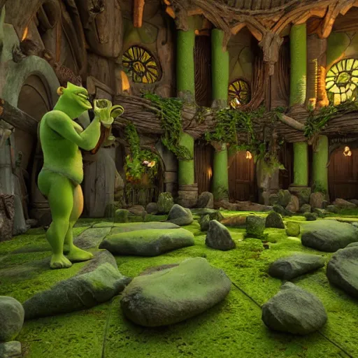 Image similar to inside of a shrek worshipping sanctuary, ornate, beautiful, green, get outta me swamp, shrek statues, shrek is love shrek is life, extremely detailed, octane render, shrek worship, ray traced, post processing, octane render