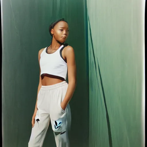 Image similar to realistic photoshoot for a new nike lookbook, color film photography, portrait of a beautiful person in style of Campbell Addy, 35mm, graflex