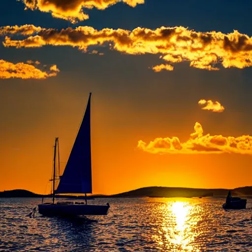 Prompt: Sailboat in Croatia, sunset, golden hour, puffy clouds, beautiful lighting, award winning photography, 4K
