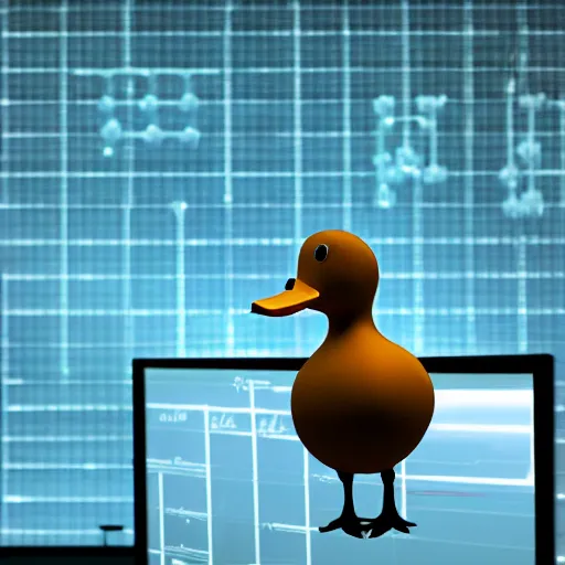 Image similar to a duck in a lab looking at molecule diagrams on a screen, the duck sits at a table, super resolution, 8k