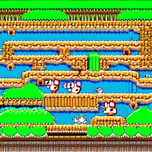 Image similar to detailed screenshot of a forest level in super mario world 2 : yoshi's island ( 1 9 9 5 ) on the super nintendo ( snes ), 1 6 - bit sprites