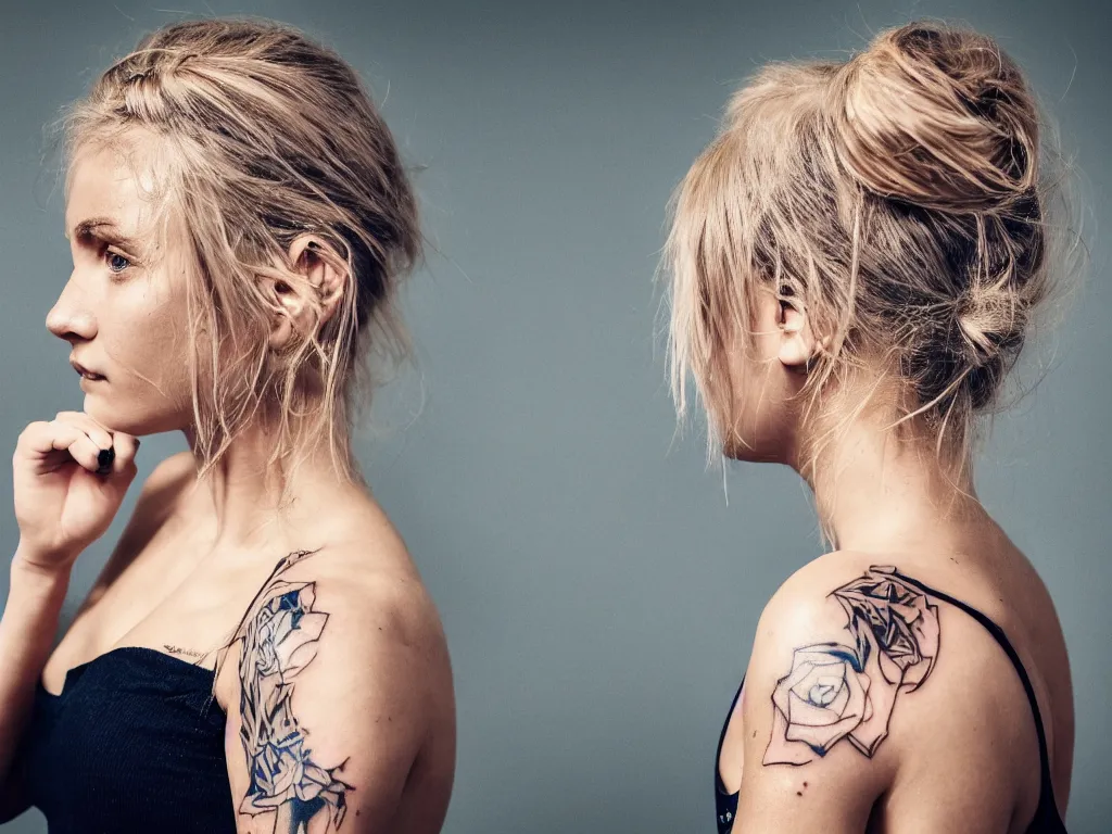 Prompt: photorealistic head and shoulders photo of one!!! beautiful blonde girl with messy bun facing away from the camera, 3 5 mm, confident, tattoos, octane render, bokeh, 4 k, fashion pose, cinematic, national geographic photo shoot,